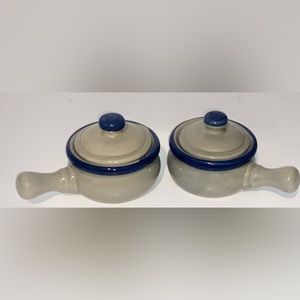Set of 2 Mini French Onion Soup/Chili Bowl Crocks With Handle - 3" t- 2 w/  Lids